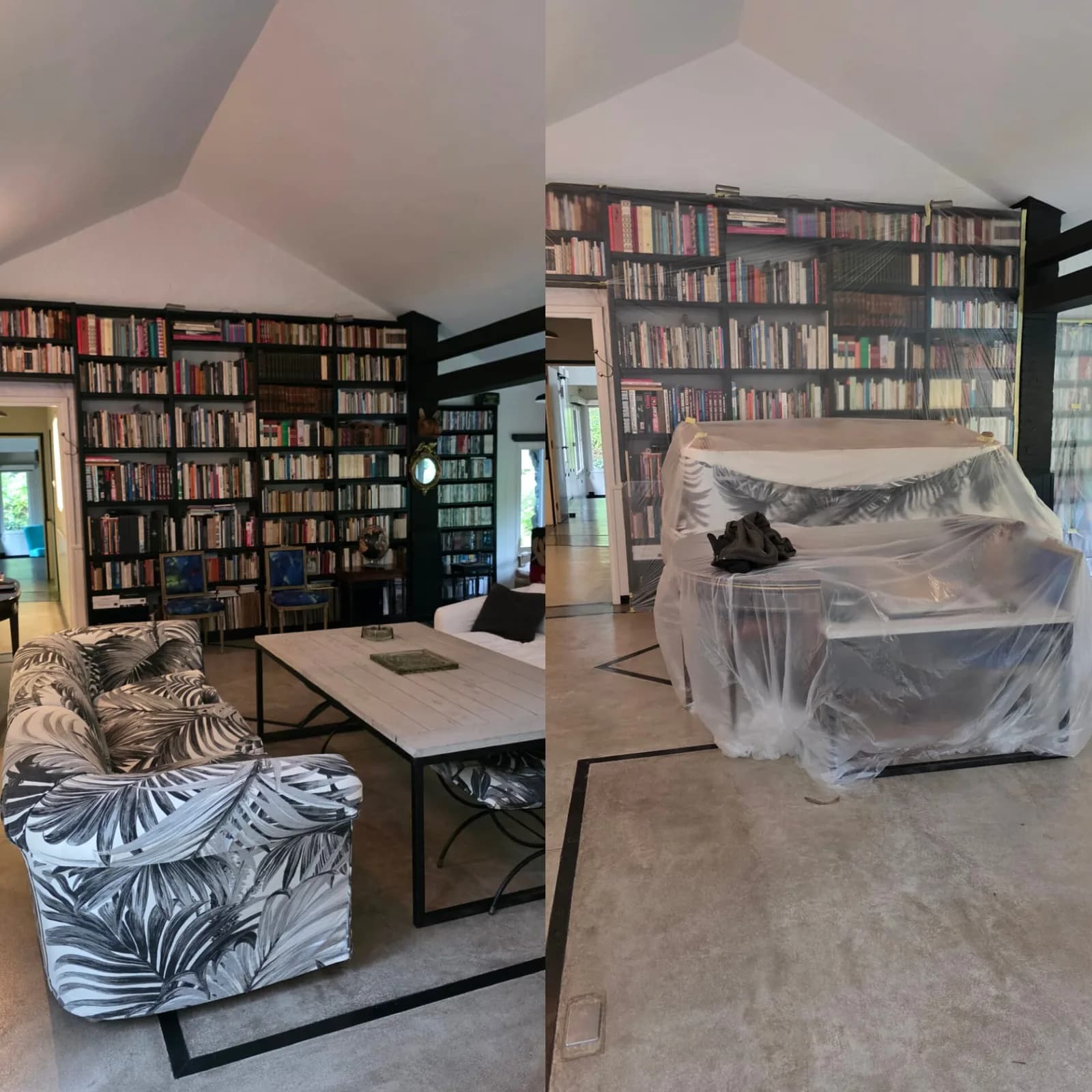 Salón de doble altura con biblioteca integrada y pintura blanca en paredes